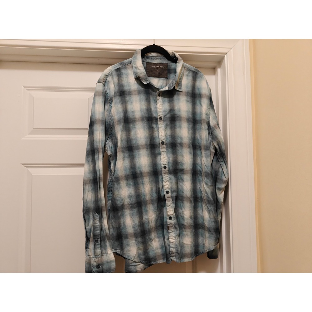 Calvin Klein Jeans Mens Large Blue White Plaid Long Sleeve Button Down Shirt L